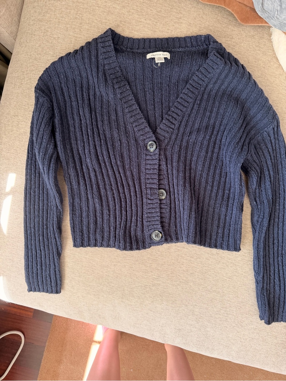 American Eagle Outfitters Navy Ribbed Cropped Button Cardigan